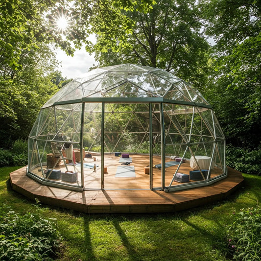 Yoga and Pilates Remodel in a serene geodesic dome surrounded by lush greenery, offering a peaceful wellness retreat setting.