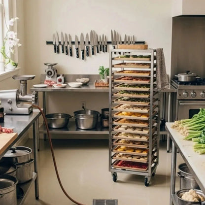 Healthy Kitchen Remodel featuring a sleek stainless steel utility rack, organized knives, and modern appliances for effici...