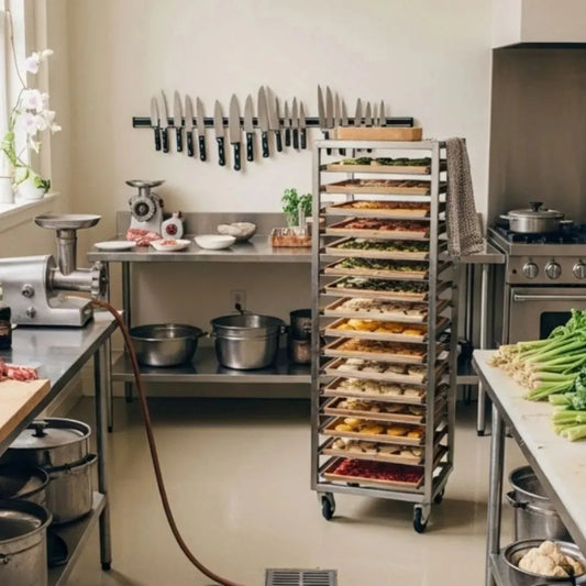 Healthy Kitchen Remodel featuring a sleek stainless steel utility rack, organized knives, and modern appliances for effici...