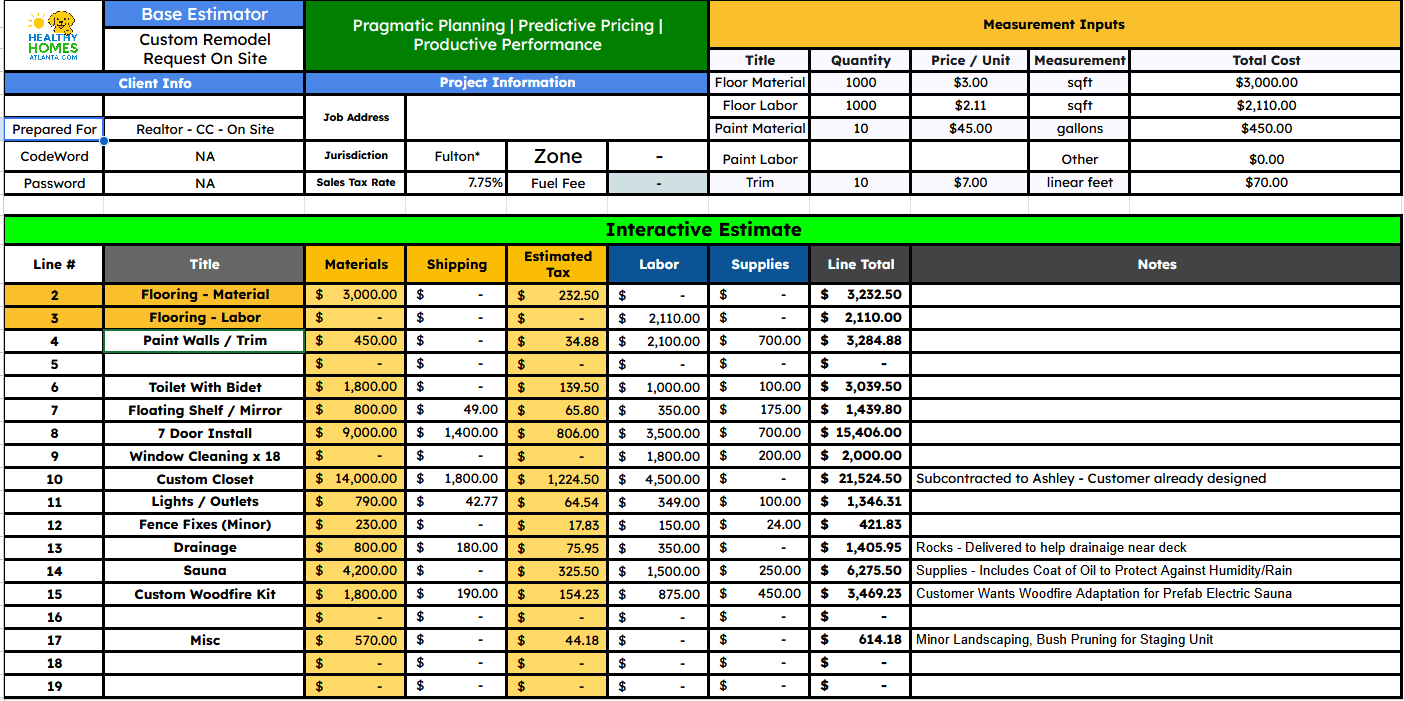 Ultimate Home Remodel Estimator Spreadsheet | Live 1 - on - 1 Onboarding & Setup - Healthy Homes Atlanta